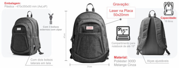Mochila Em Poliéster 300D - Melange Cinza