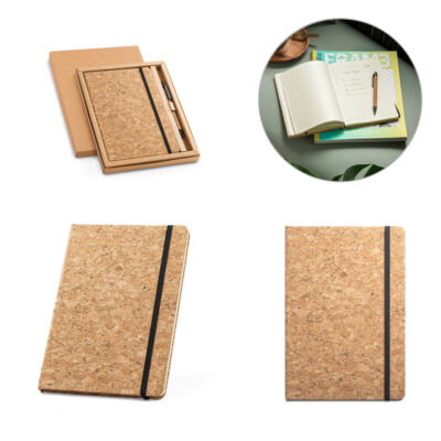 Conjunto de caderno A5 e caneta esferográfica em cortiça