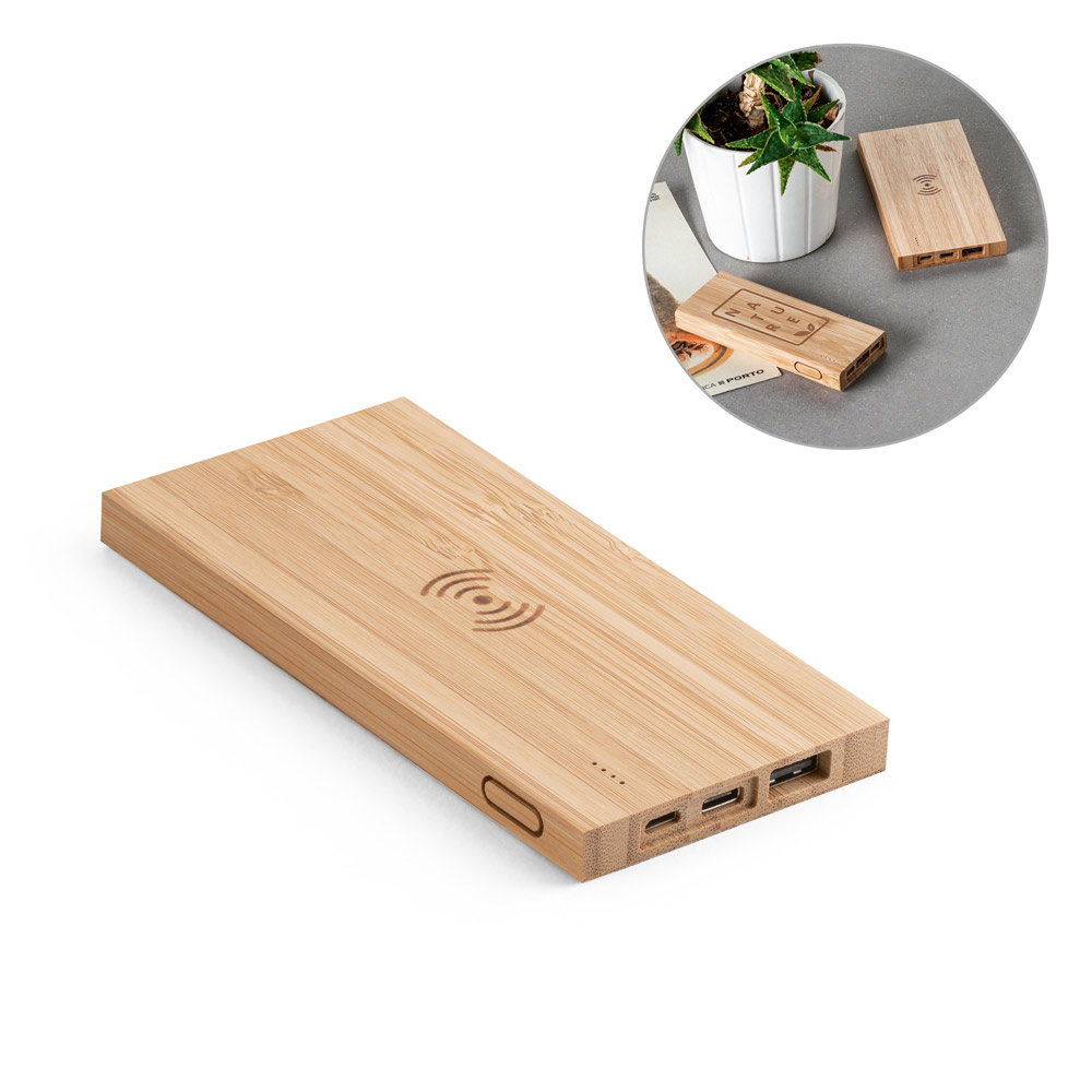 Bateria portátil com carregador por indução (wireless) super-rápido em bambu 5'000 mAh
