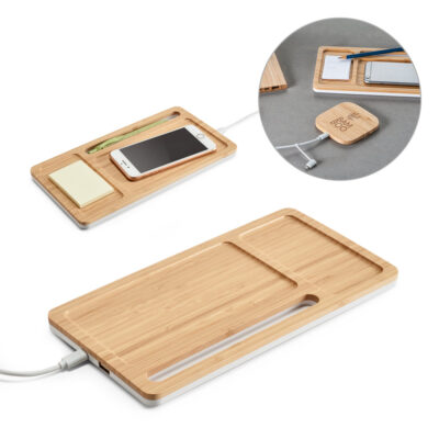Organizador de secretária (mesa) em bambu e ABS com carregador por indução (wireless) super-rápido 15W