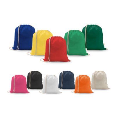 Sacola tipo mochila em 70% algodão reciclado e 30% poliéster reciclado (140 g/m²) sem tingimento