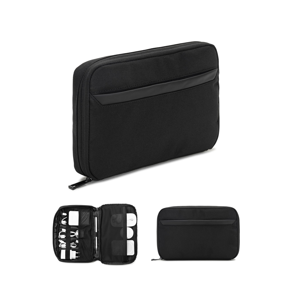 Bolsa organizadora espaçosa para acessórios tecnológicos em poliéster reciclado 600D twill