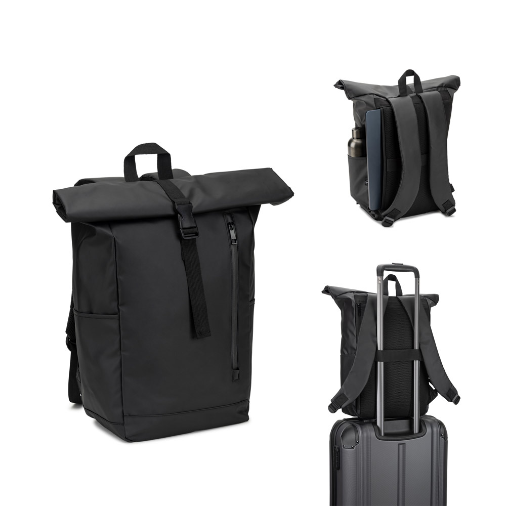 Mochila "Roll top" com design em sistema de fecho que permite enrolar a parte superior em poliéster reciclado 600D de alta densidade com revestimento resistente á água 20 L