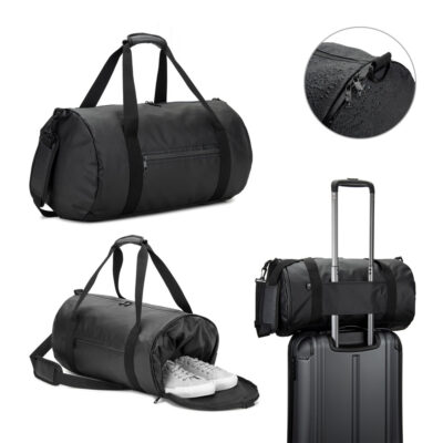 Bolsa esportiva em formato cilíndrico em poliéster reciclado 600D de alta densidade com compartimento lateral para sapatos 32 L