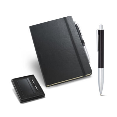 Kit de caderno A5 e esferográfica em cartão e alumínio