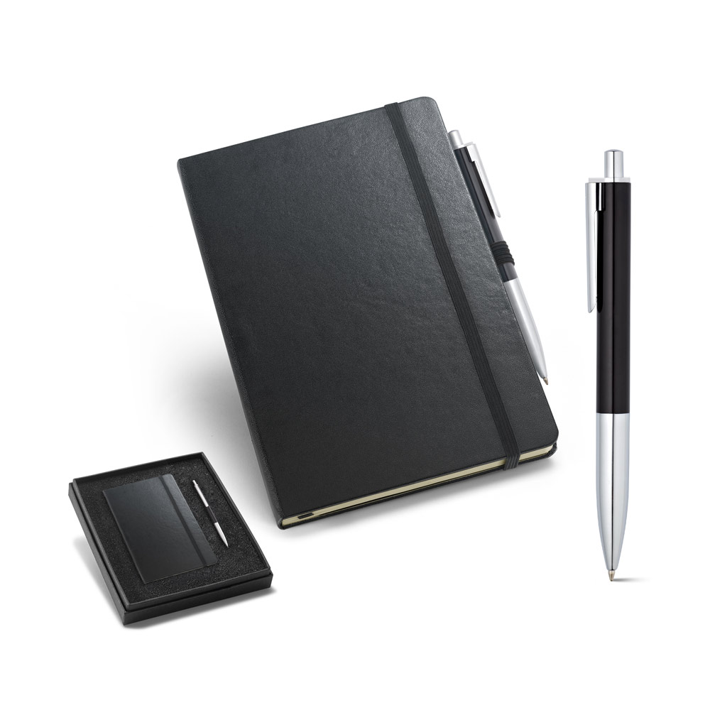 Kit de caderno A5 e esferográfica em cartão e alumínio