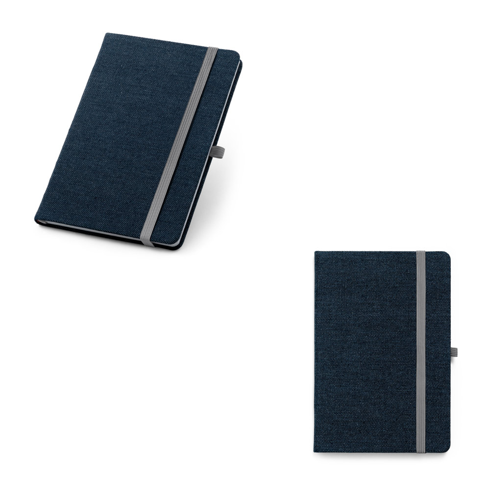 Caderno A5 de capa dura em tecido tipo jeans com 160 páginas pautadas