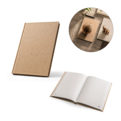 Caderno A5 em casca de coco (60%) e trapos de algodão (40%) com folhas pautadas, com 160 páginas pautadas recicldas