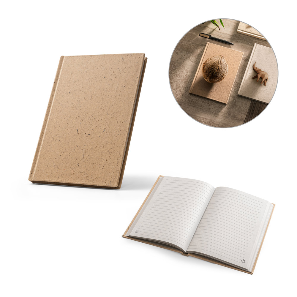 Caderno A5 em casca de coco (60%) e trapos de algodão (40%) com folhas pautadas, com 160 páginas pautadas recicldas