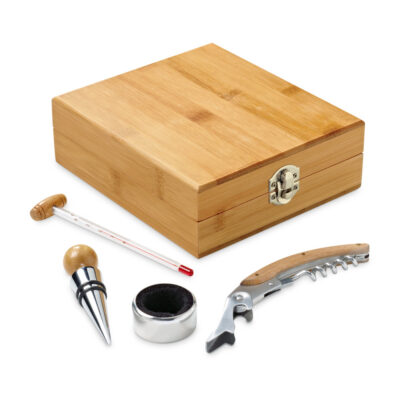 Conjunto para vinho em bambu e zinco