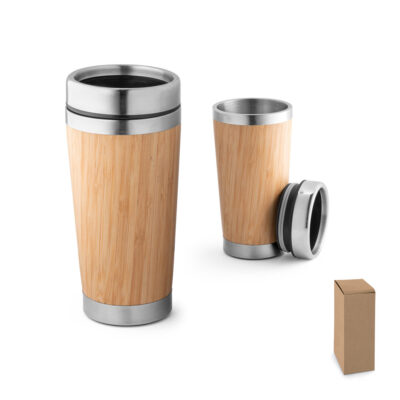 Copo de viagem em aço inox e bambu, térmico com parede dupla isolada a ar, com sistema de abertura deslizante 500 mL
