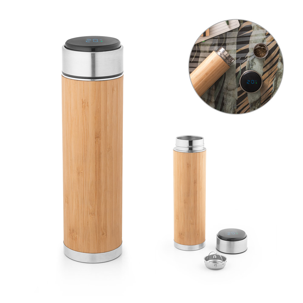 Garrafa em aço inox e bambu de parede dupla térmica, isolada a vácuo com termómetro digital 430 mL