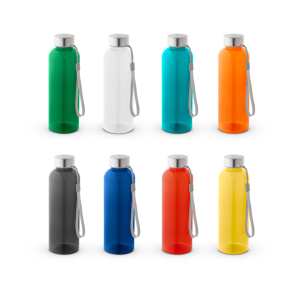 Squeeze em PET 100% reciclado e tampa em aço inox, com pega em corda 580 mL