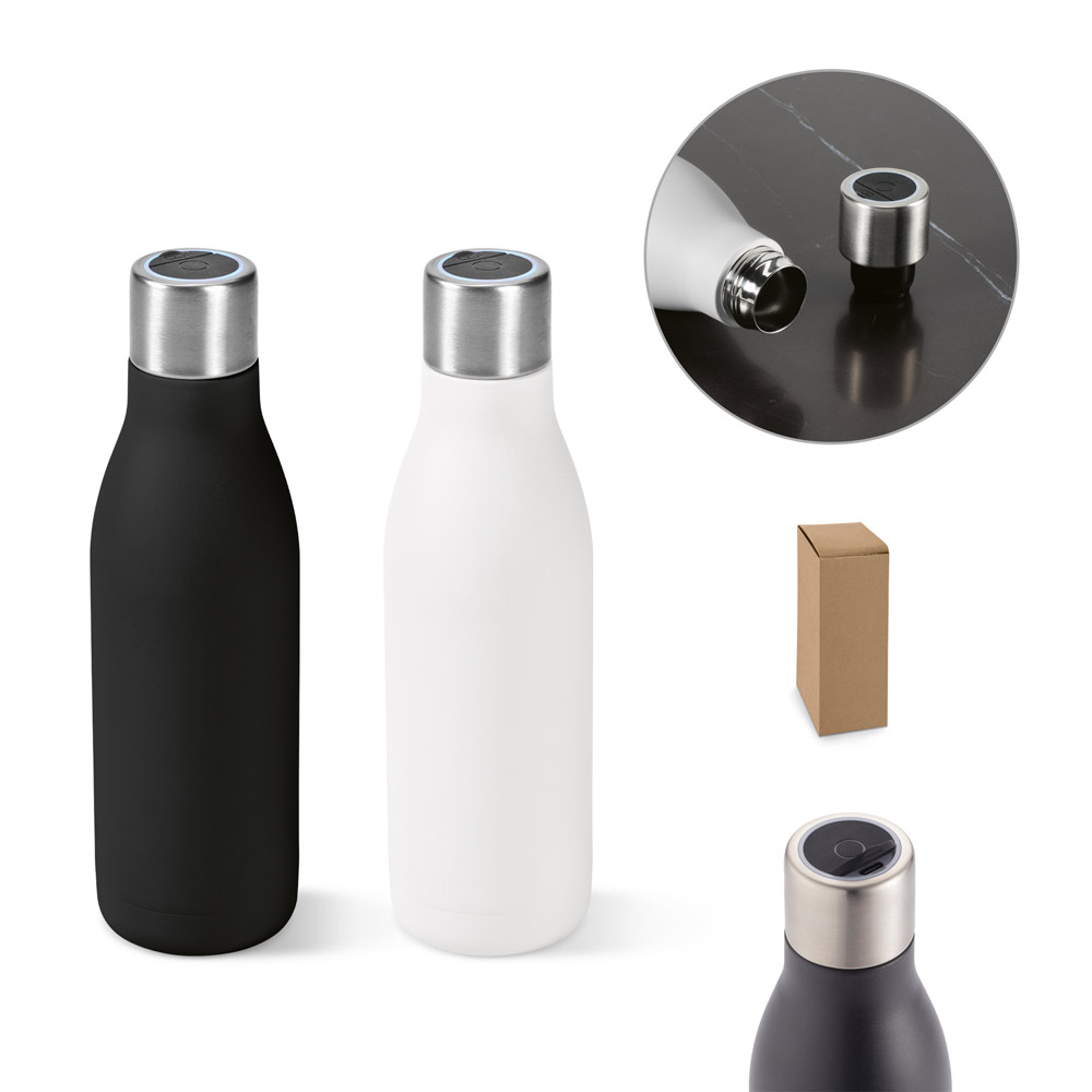 Garrafa em aço inox 90% reciclado de parede dupla térmica com sistema de auto-sanitização UV 500 mL