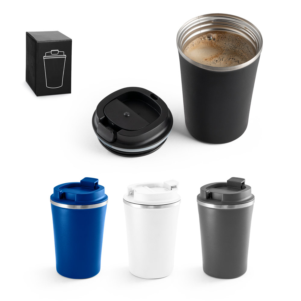 Copo de viagem em aço inox e PP, térmico com parede dupla isolada a vácuo 470 mL