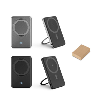 Bateria portátil magnética em ABS 100% reciclado com suporte, carregador por indução (wireless) super-rápido 15W e capacidade de 5'000 mAh