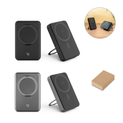 Bateria portátil magnética em ABS 100% reciclado com suporte, carregador por indução (wireless) super-rápido 15W e capacidade de 10'000 mAh