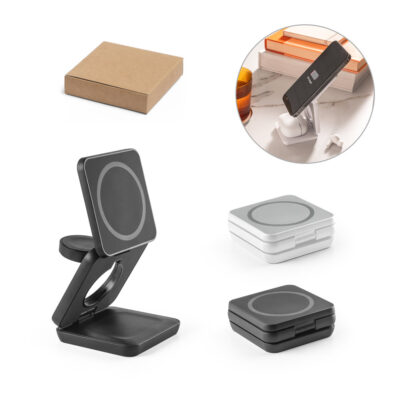 Carregador magnético por indução (wireless) super-rápido dobrável em ABS 100% reciclado que permite carregar três dispositivos simultaneamente