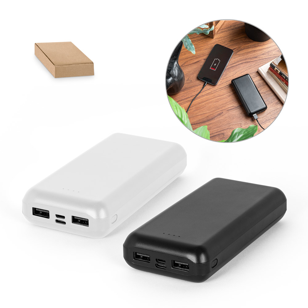 Bateria portátil em ABS 100% reciclado e capacidade de 20'000 mAh