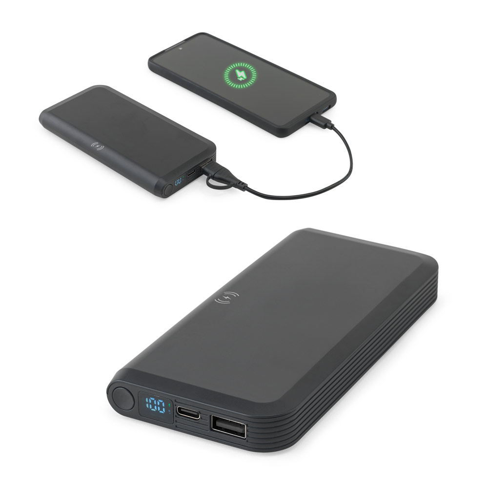 Bateria portátil em ABS 100% reciclado com carregador por indução (wireless) super-rápido 15W e capacidade de 10'000 mAh