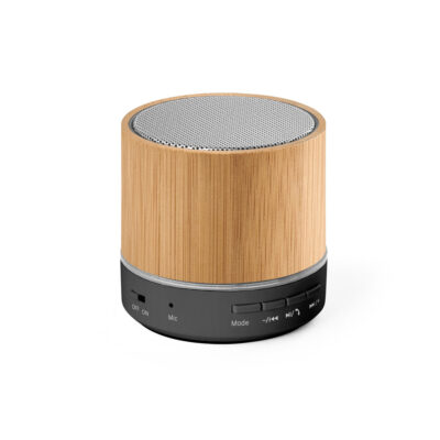 Caixa de som portátil em bambu e ABS 100% reciclado com microfone e autonomia de 4h30