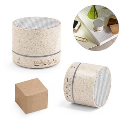 Caixa de som portátil em fibra de palha de trigo e ABS 100% reciclado com microfone e autonomia de 4h30
