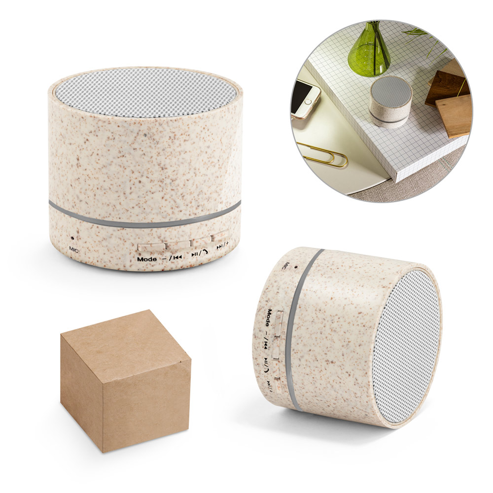 Caixa de som portátil em fibra de palha de trigo e ABS 100% reciclado com microfone e autonomia de 4h30